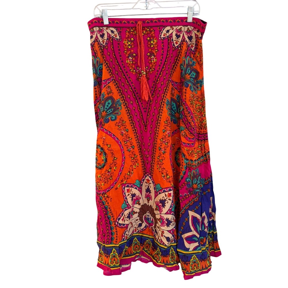 Soft Surroundings Maxi Skirt Pink Orange Paisley Floral Tassel Boho L Large - Picture 2 of 8